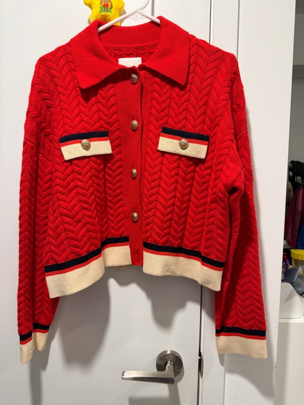 Red Cable-Knit Button Cardigan with Contrast Trim